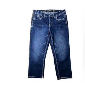 Y2K Royalty by YMI Capri Jeans Embroidered Pockets Contrast Stitch Dark Wash 8